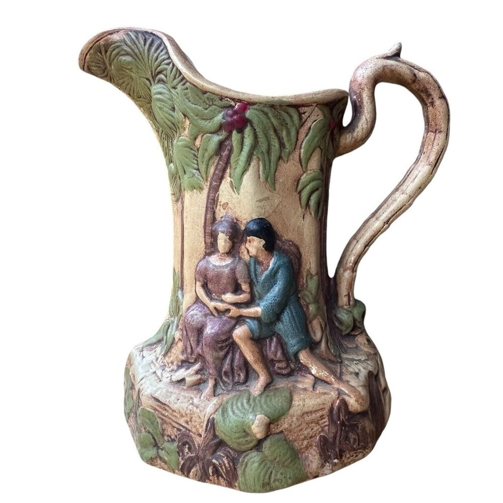 VTG Pitcher‎ Handpainted High Relief Mold Couple Scene Multicolor Signed 6.75"